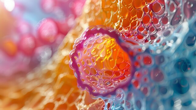 Vivid 3D rendering of the microscopic structure of the endometrium in bright colors. Copy space. Mockup.