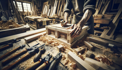 Woodworker's hands as they meticulously work on a piece of furniture. - obrazy, fototapety, plakaty