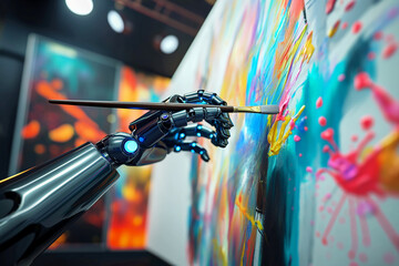 Robotic Arm Holding Paintbrush Creating Vibrant, Colorful Artwork on Canvas