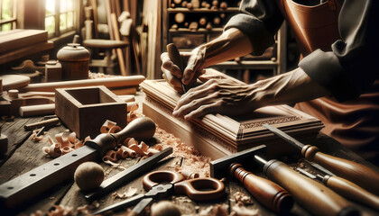 Woodworker's hands as they meticulously work on a piece of furniture. - obrazy, fototapety, plakaty