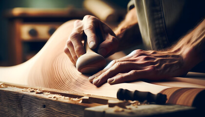 Woodworker's hands as they meticulously work on smoothing the curves of a piece of wood. - obrazy, fototapety, plakaty