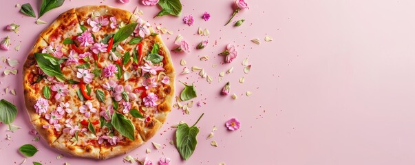 Pizza topped with flowers on pink background