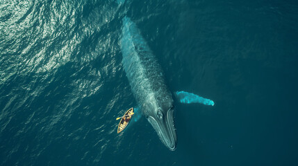 Obraz premium Intrepid Adventure: Lone Man in a Small Canoe Adrift in Vast Open Seas, As a Majestic Whale Glides Beneath Him, Conjuring a Surreal Encounter with Nature's Grandeur.
