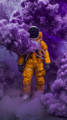 Astronaut in yellow space suit standing in purple smoke