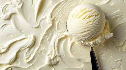 Vanilla ice cream scoop on spooned ice cream background