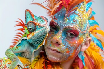 Close-up of artistic face paint imitating the vibrant colors of a chameleon, a young man and a reptile sharing a moment