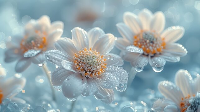 Group of white daisy flowers with water droplets