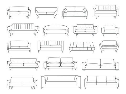 Sofa and armchair outline icon set. Linear couch collection. Line art illustration of soft furniture for living room design. Vector illustration isolated on white background.