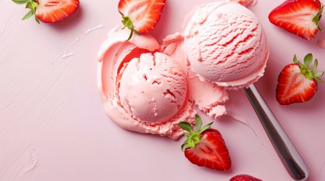 Two scoops of ice cream with strawberries on a pink background