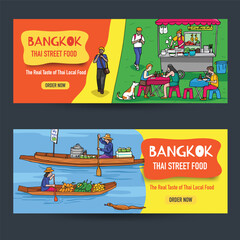 Hand-drawn illustrations of Thai people's daily life, including street food, and the floating market in Bangkok.