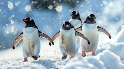 Obraz premium Charming Waddle: Group of Penguins Gracefully Waddling Along a Snowy Shoreline, Evoking Scenes of Playful Harmony and Arctic Wonder.
