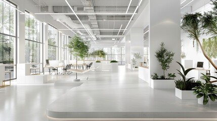 Interior design of modern open space office with white tones. AI generated