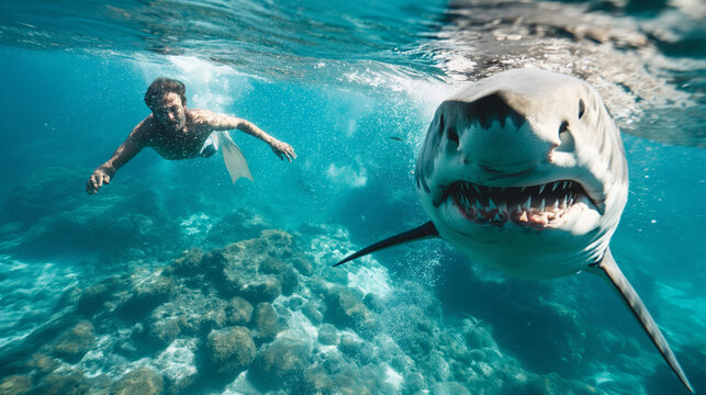 Terrifying Encounter: A Shark's Fierce Bite on a Fearful Man, Capturing the Intensity of a Predator-Prey Moment in the Depths of the Ocean.