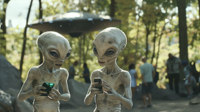 Alians with big black eyes and grey skins try to figured out the different between the human and alian technology, try smartphon for the firs time
