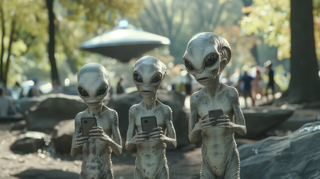 Alians with big black eyes and grey skins try to figured out the different between the human and alian technology, try smartphon for the firs time