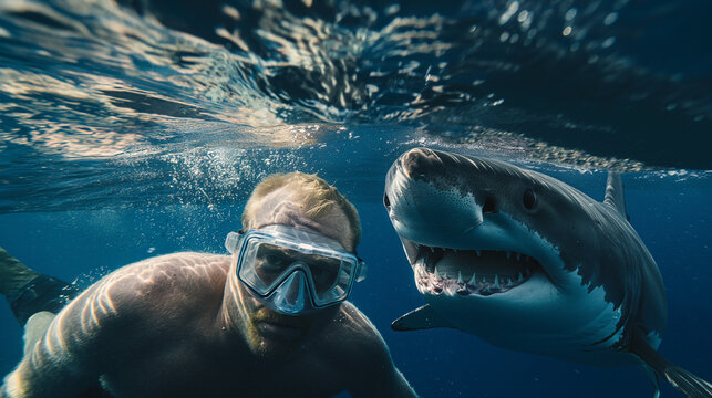 Terrifying Encounter: A Shark's Fierce Bite on a Fearful Man, Capturing the Intensity of a Predator-Prey Moment in the Depths of the Ocean.
