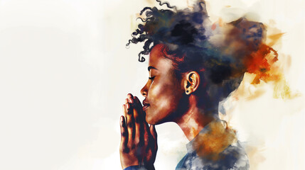 Graceful African American Woman Praying: Abstract Watercolor Portrait, Profile Side View, White Background, with Copy Space - Ideal for Banner Use.