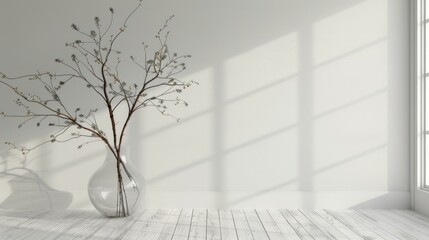 3d rendering empty room interior design with glass vase with dried branch background. AI generated - obrazy, fototapety, plakaty