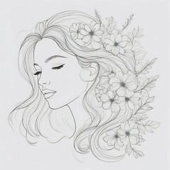 Abstract female face in one line. Woman face with flowers Surreal Line art female floral girl. Minimalism Abstract modern Continuous single line woman face portrait
