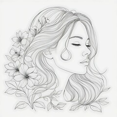 Abstract female face in one line. Woman face with flowers Surreal Line art female floral girl. Minimalism Abstract modern Continuous single line woman face portrait
