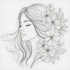 Abstract female face in one line. Woman face with flowers Surreal Line art female floral girl. Minimalism Abstract modern Continuous single line woman face portrait
