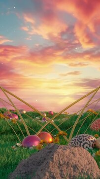 Happy Easter, Eggs In gold podium, In The Grass And Flowers In Sunset