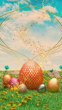 Happy Easter, Eggs In gold podium, In The Grass And Flowers In Sunny Day