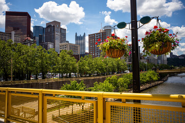 Downtown Pittsburgh, seen from yellow Rachel Carson Bridge with Allegheny River, flowers and green...