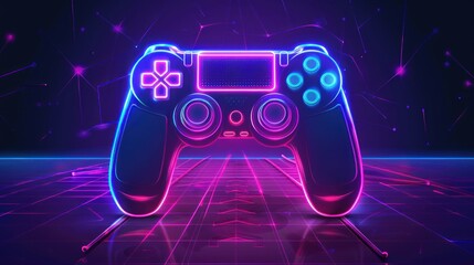 3d Illustration game pad joystick with neon futuristic background. AI generated image