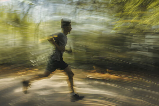Fast running man on blur nature background. Runner male silhouette in natural environment. 1000 fps style photography