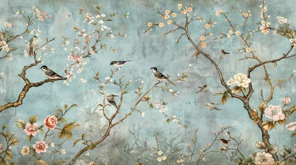 Schilderijen op glas Chinoiserie wallpaper landscape wall mural. Home and office decoration. Birds, trees and flowers. Hand Drawn Design. Luxury turquoise color. © Fatih