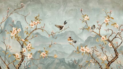 Chinoiserie wallpaper landscape wall mural. Home and office decoration. Birds, trees and flowers. Hand Drawn Design. Luxury turquoise color.