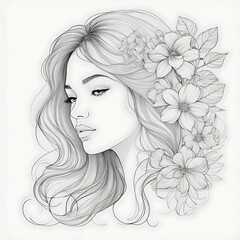 Abstract female face in one line. Woman face with flowers Surreal Line art female floral girl. Minimalism Abstract modern Continuous single line woman face portrait

