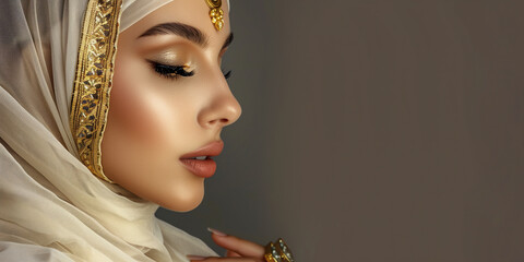 Side view portrait of a beautiful arabic muslim woman wearing a burka on dark background with copy space for text.