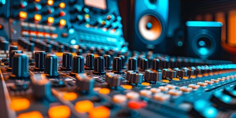 Professional studio control desk with recording equipment for sound production in a modern setting. Concept Recording Equipment, Studio Control Desk, Sound Production, Modern, Professional Setting