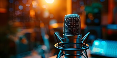 Recording Studio Setup with a Professional Podcast Microphone. Concept Podcast Studio Essentials, Pro Microphone Guide, Recording Setup Tips, Sound Quality Improvement - obrazy, fototapety, plakaty