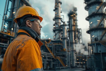 A man in a yellow hard hat stands in front of a large industrial plant