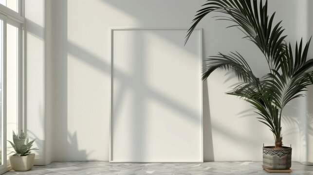 White blank frame mock up poster in interior room background. AI generated image