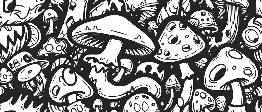 black and white tropical doodle with patches of sprayed colours, in the style of uhd image, illustration, high quality photo, layered textures, shapes, squiggly line style