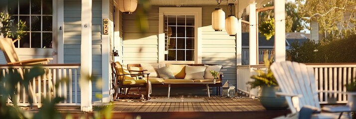 American Porch: Classic Outdoor Living. Sunbathed in Evening Light.