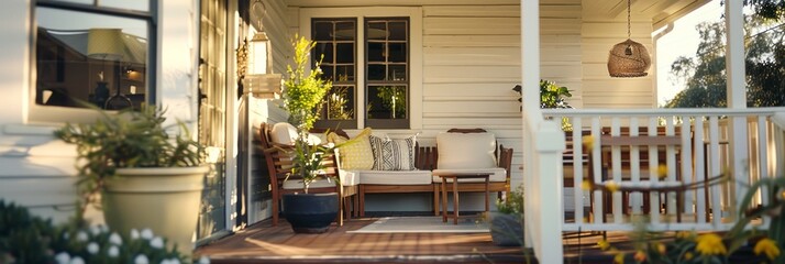 American Porch: Classic Outdoor Living. Sunbathed in Evening Light. - obrazy, fototapety, plakaty