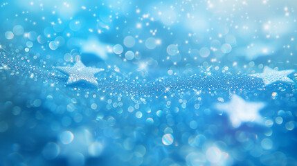 abstract blue background, blue wallpaper, shiny glitter and stars, blue bokeh, blurred background 