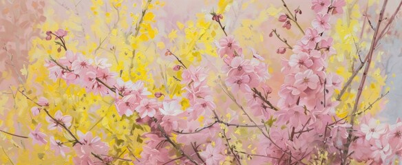 Pastel Pink Cherry Blossoms and Yellow Forsythias in Full Bloom. Floral frame. Spring banner.