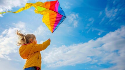 Children's joy against the sky: Little adventurer with a rainbow kite on a sunny day - obrazy, fototapety, plakaty