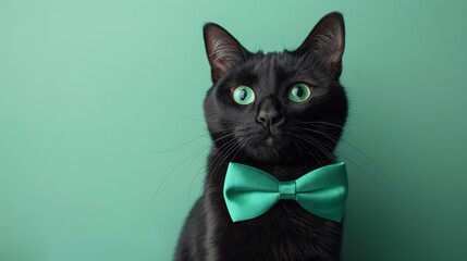 Funny black cat with green shiny bow tie over green background with copy space.