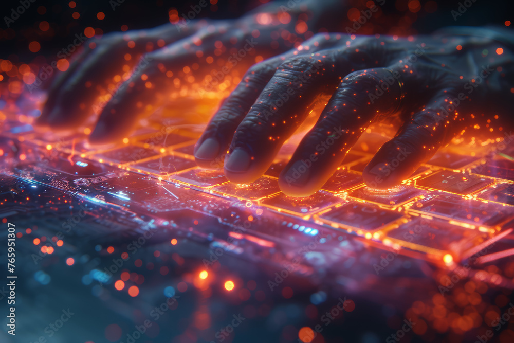 Poster hands typing swiftly on a holographic keyboard, creating a futuristic visual of digital communicatio