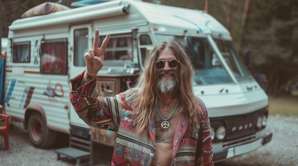 Hippie male with long hair  in Front of his small RV Making a Peace Sign, portrait of a hippie man outdoor.