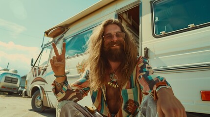 Hippie male with long hair  in Front of his small RV Making a Peace Sign, portrait of a hippie man outdoor.