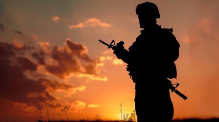 Silhouette of a soldier in sunset, concept of protection, US soldier, terror attack, mercenary. - obrazy, fototapety, plakaty
