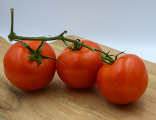 Three tomatoes with green branch